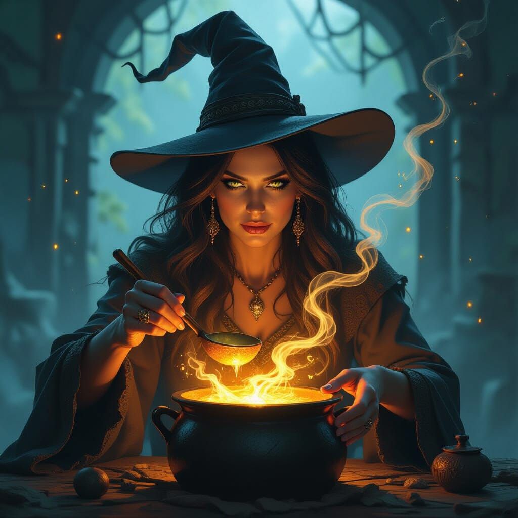 Witch Brews Magical Potions in Dark Fantasy Art Style