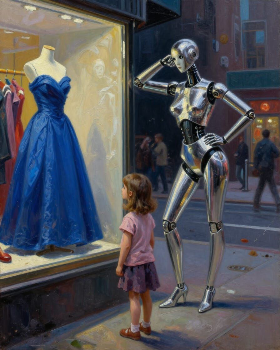 Girl and Android Admire Blue Dress in Futuristic New York