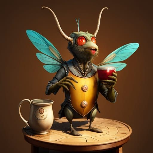 Anthropomorphic Bee Drinks Juice: Fantasy Vector Art