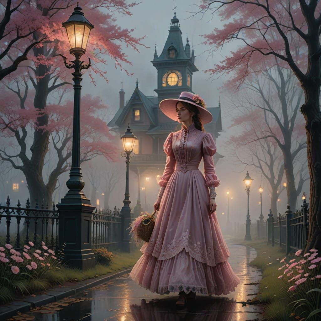 Ethereal Woman in Pink Victorian Era Attire Amidst Foggy Nig...