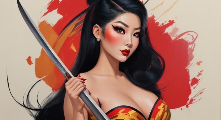 Pin-Up Asian Woman with Katana in Gouache