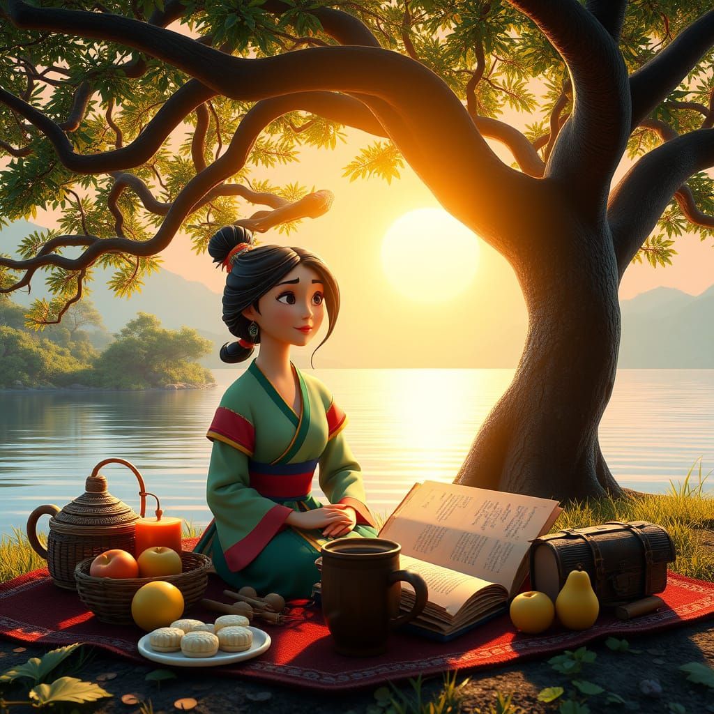 Mulan's Serene River Oasis in Vibrant 3D Digital Art
