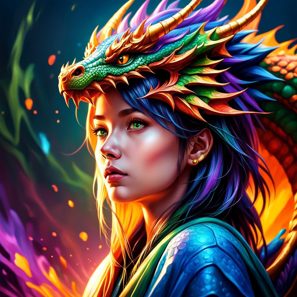 Hyperrealistic Dragon Girl Splash Art Concept