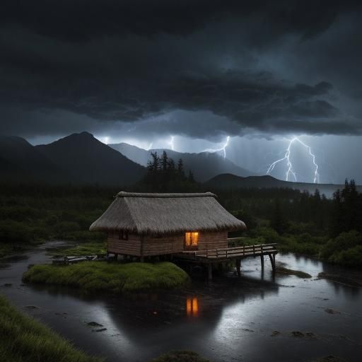 Mountain Cabin During Thunderstorm in Dramatic Photography