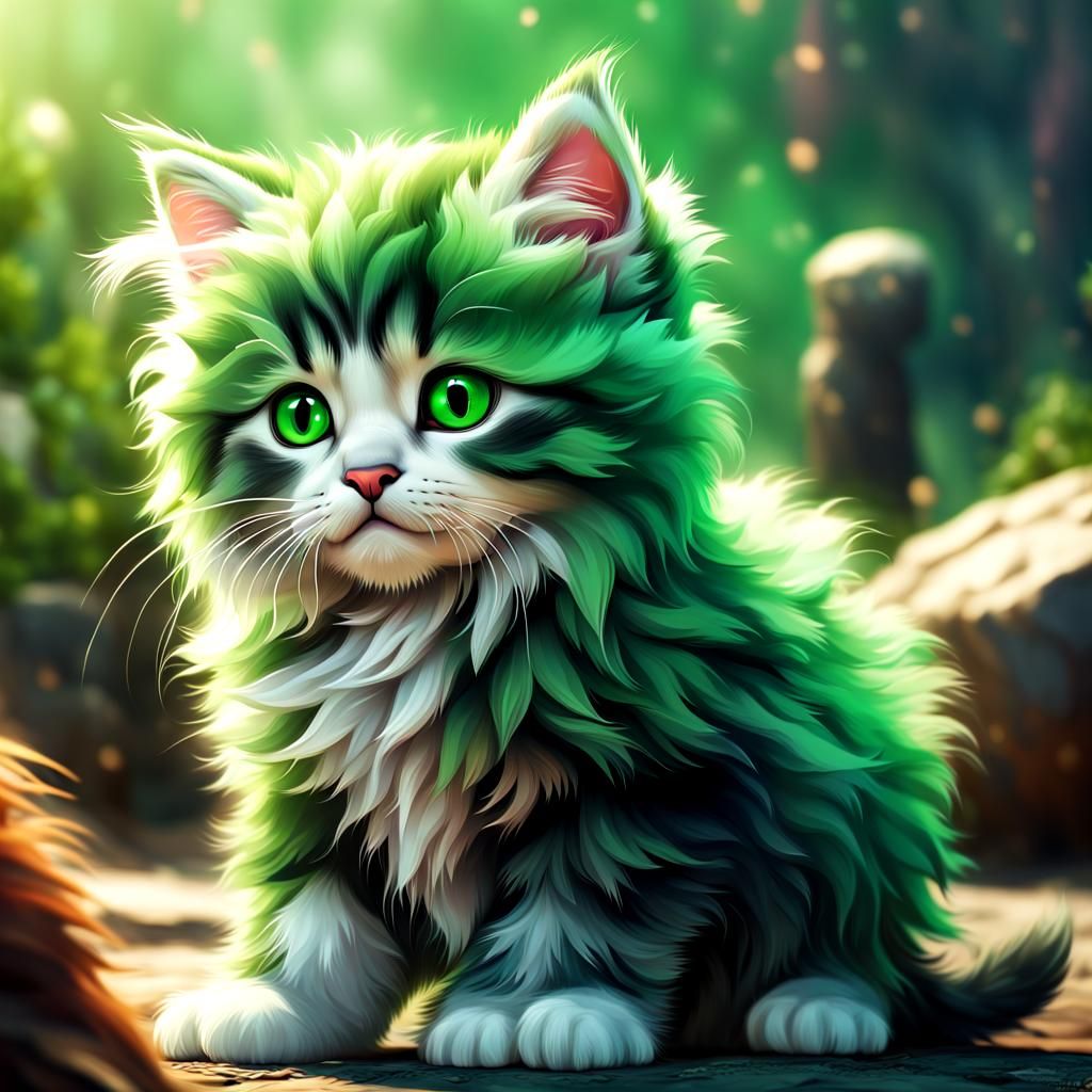 Cute Green-Eyed Kitten: Detailed Matte Painting