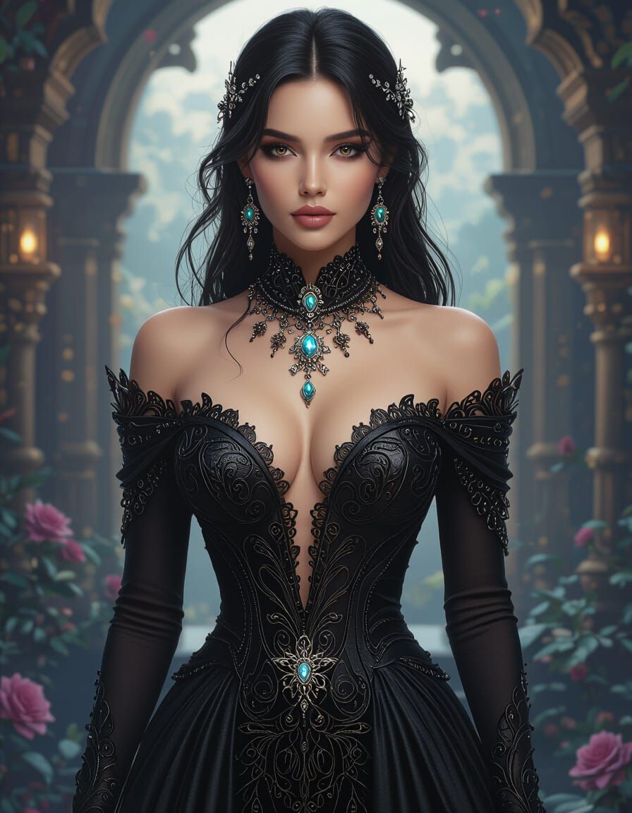 Woman in Intricate Black Dress with Futuristic Jewelry