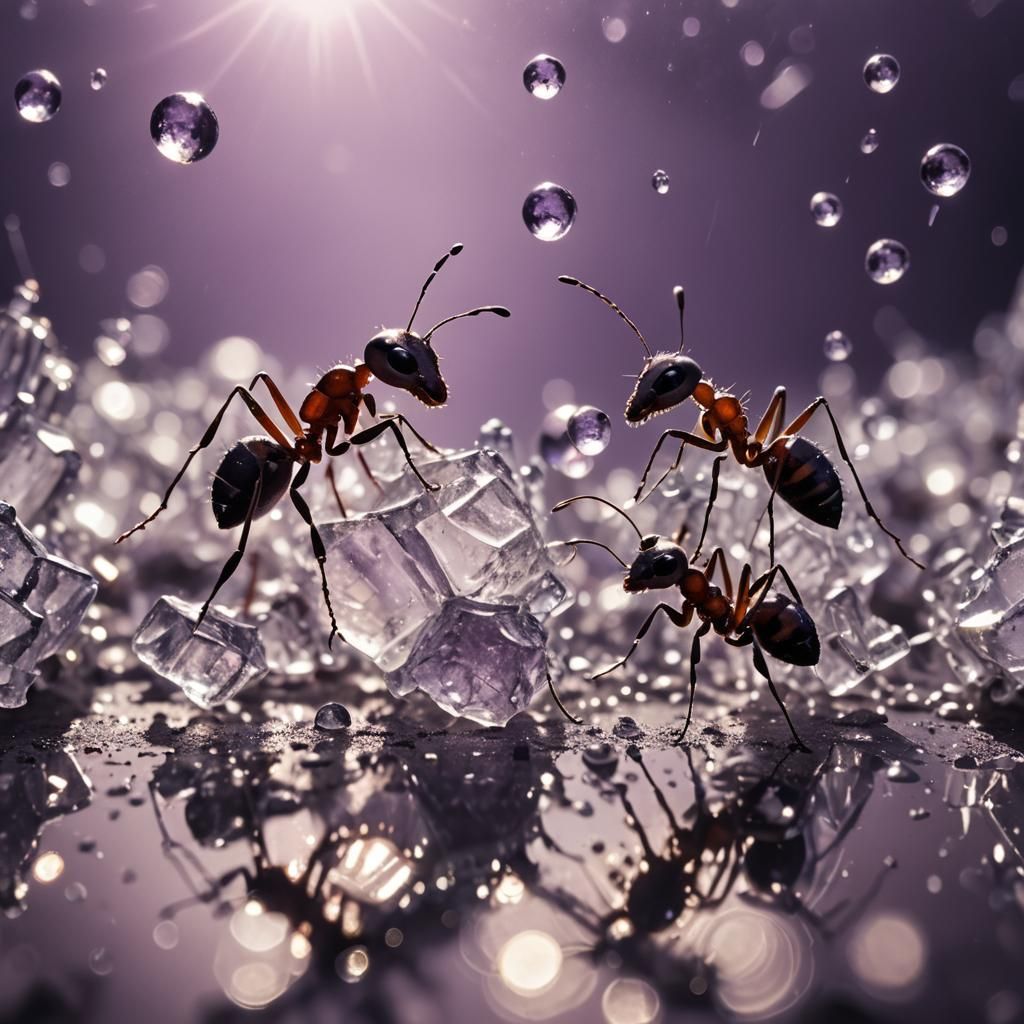 Ants Fight Over Sugar Crystal in Violet Monochromatic Macro