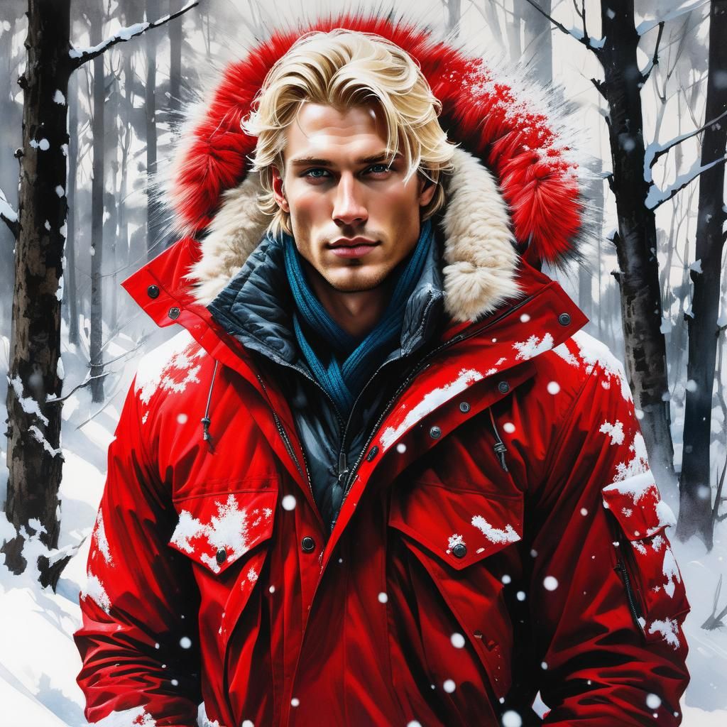 Handsome Man in Red Parka in Snowy Woods