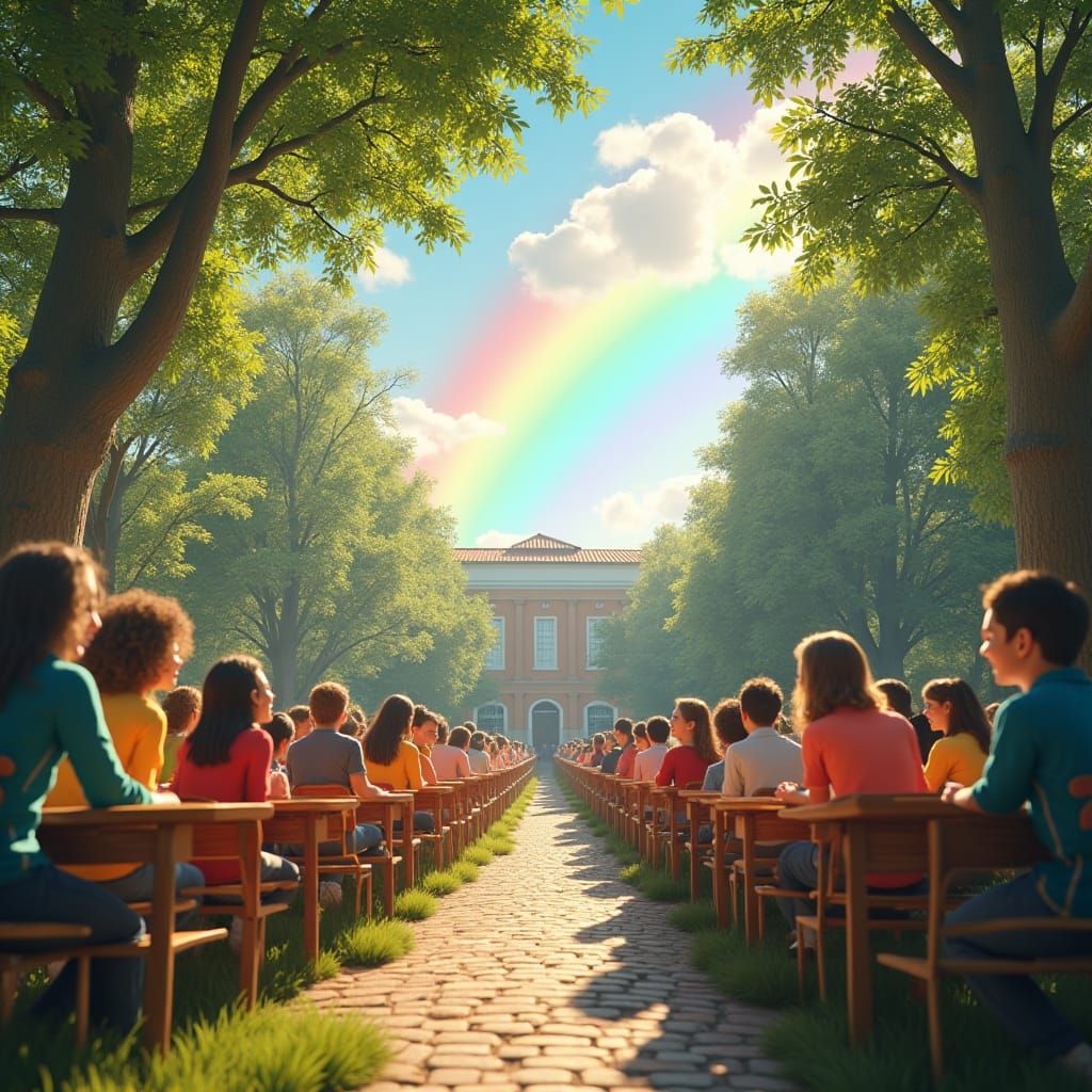 Joyful University Classroom in Nature, Vibrant Colors