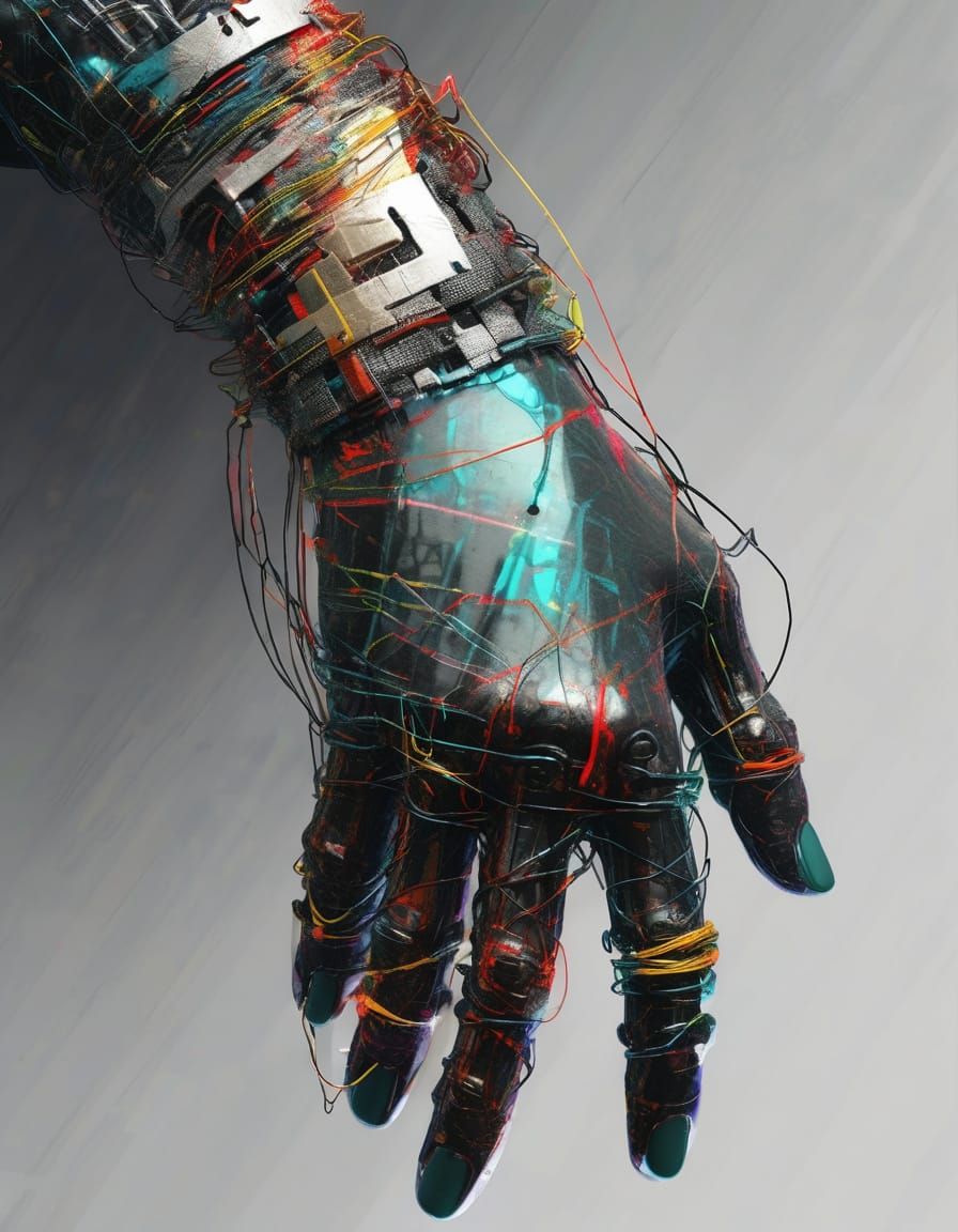 Hyperrealistic Robot Hand with Wire Weaving and Glitch Effec...