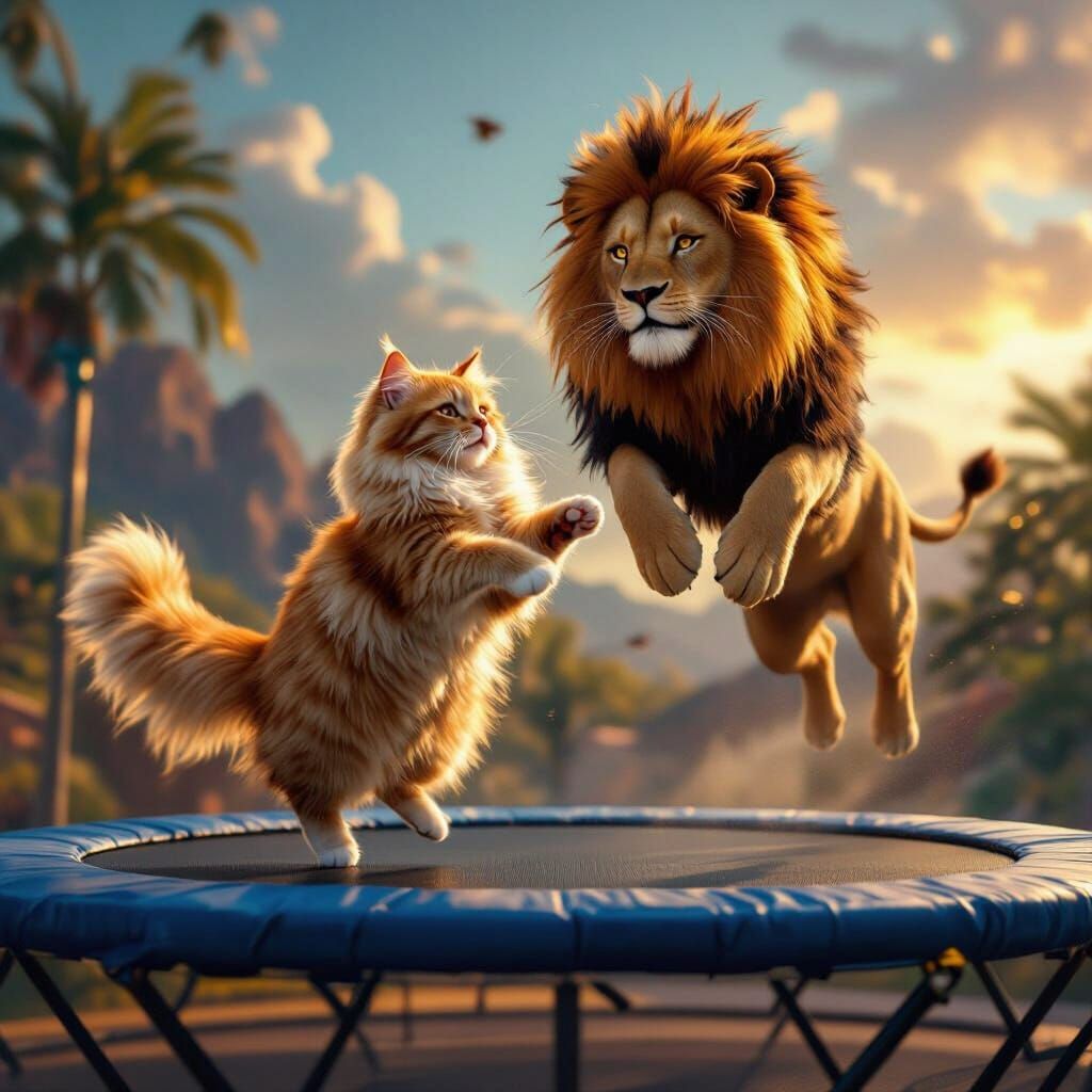 Fluffy Cat and Lion in Epic Mid-Air Trampoline Battle
