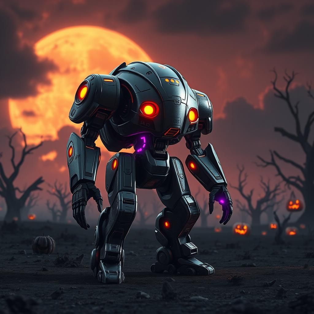 Sci-Fi Halloween Mech in Cyberpunk Landscape