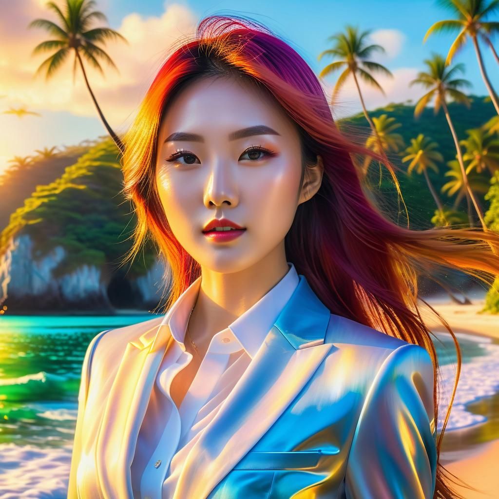 Korean Woman on Elven Beach in Hyper-Realistic Style
