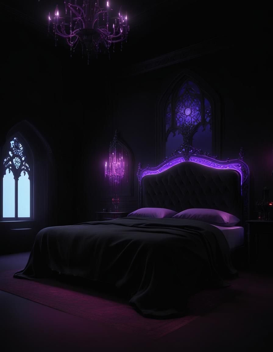 Beautiful gothic black bedroom with regal purple accents and...