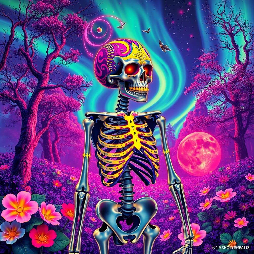 Ethereal Skeleton in Vibrant Kaleidoscopic Landscape