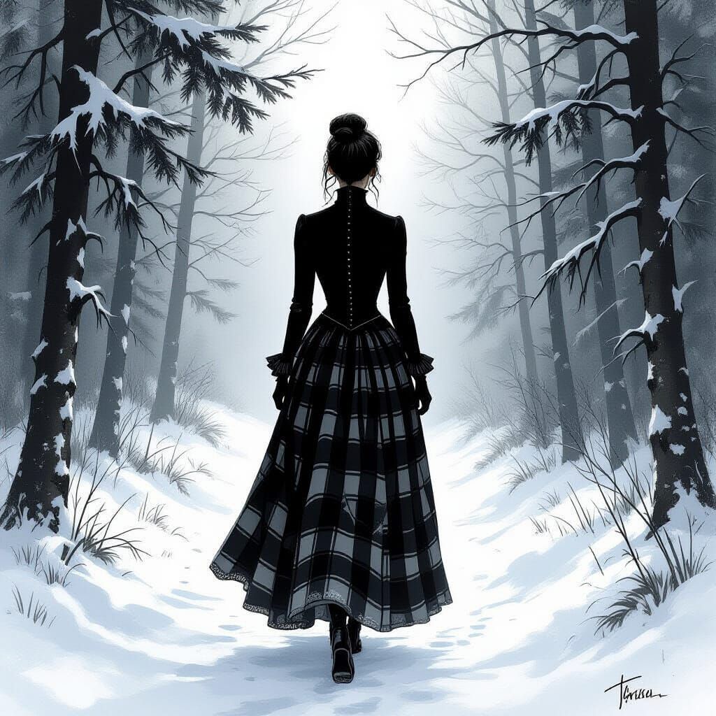 Gothic Lady in Moonlit Forest, Charcoal Sketch