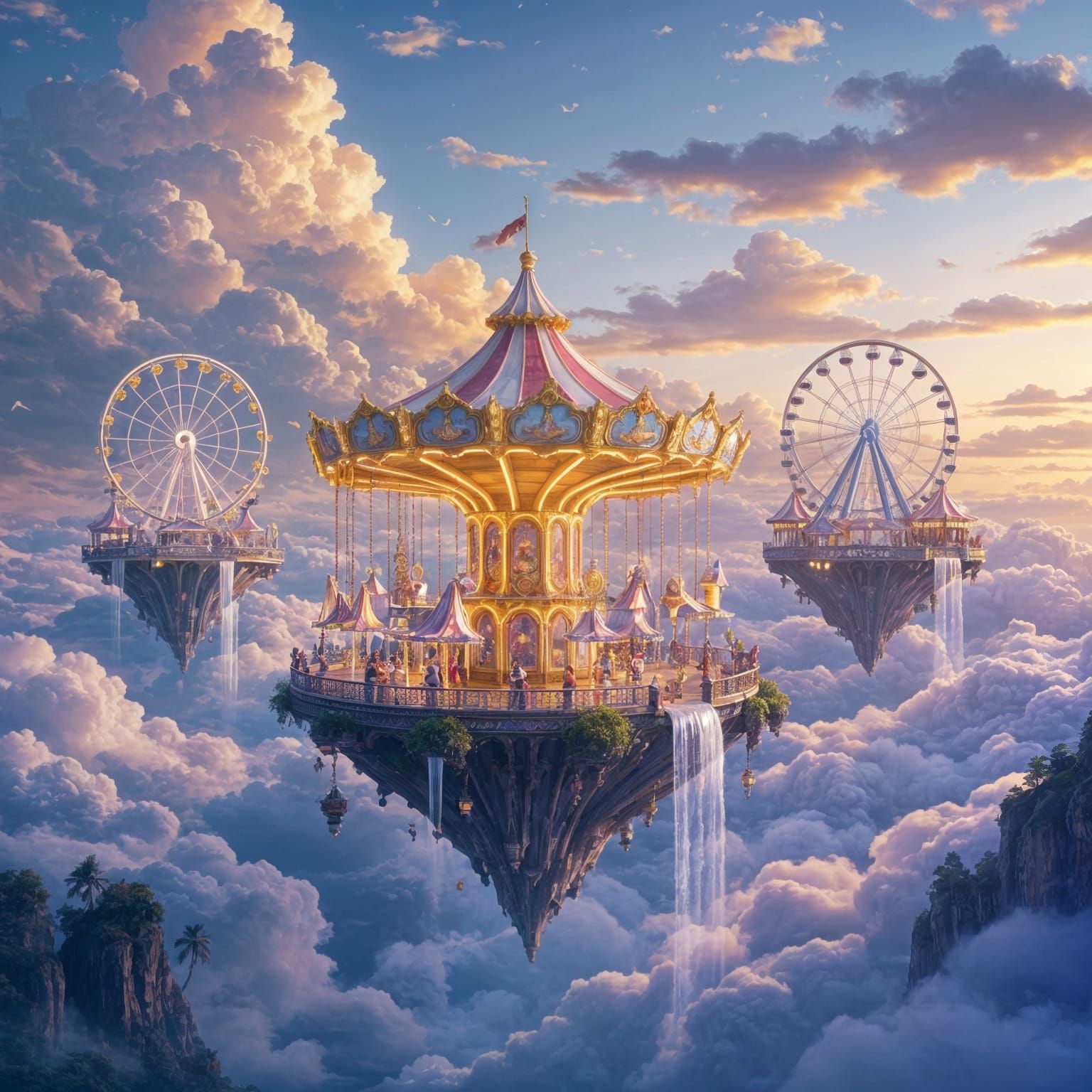Floating Amusement Park Above Clouds in Ethereal Fantasy Sty...