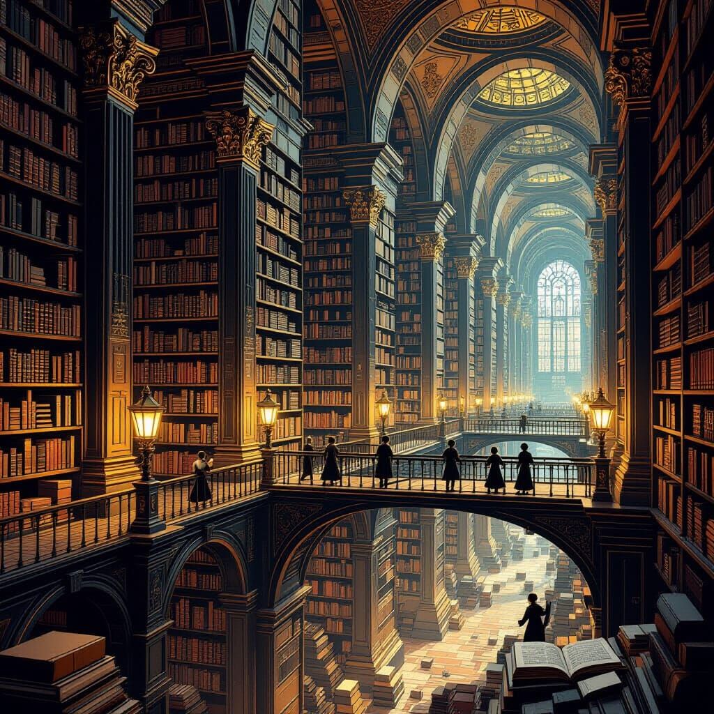 Colossal Ancient Library with Scholars Navigating Knowledge ...