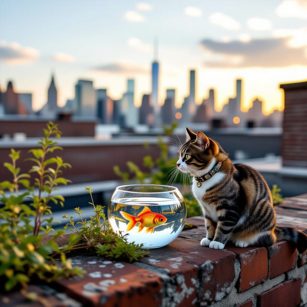 Cat Gazing at Goldfish Bowl on Rooftop