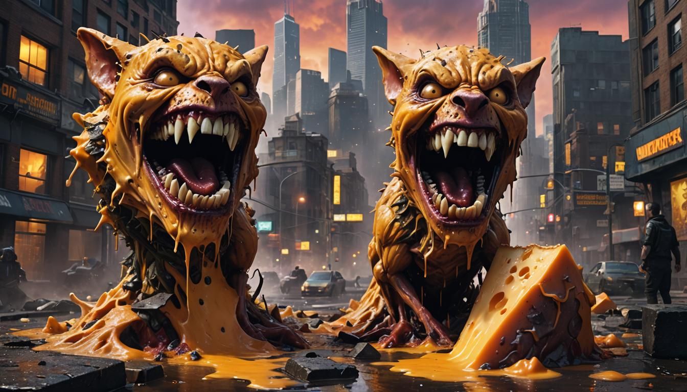 Biopunk Cheddar Cheese with Vampire Fangs in Dystopian Citys...