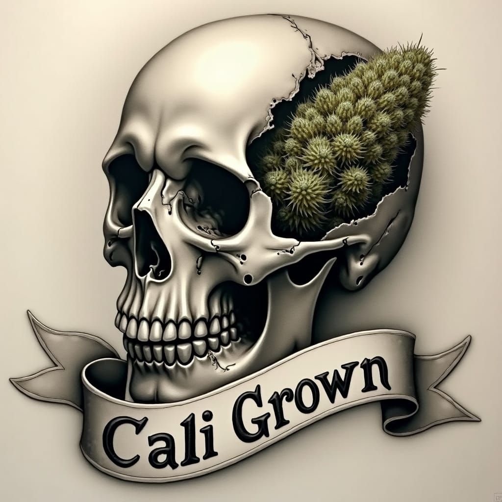Detailed Charcoal Skull with Marijuana Nug and Cali Grown Ba...