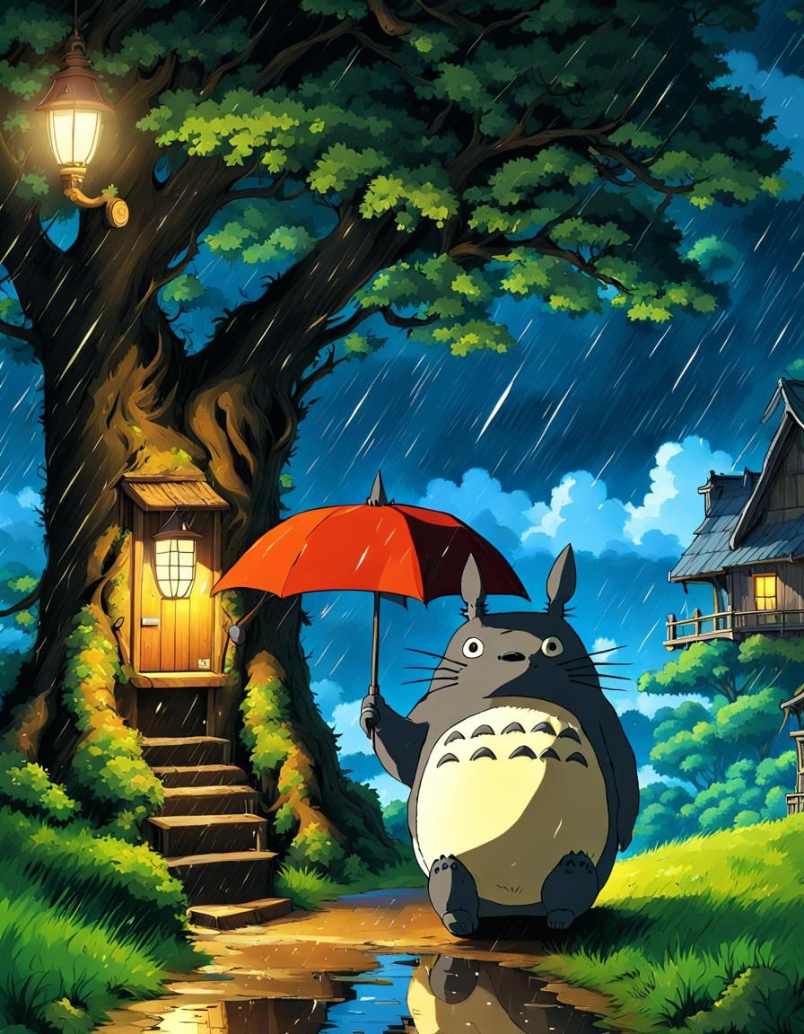 Totoro in Rainy Countryside Night, Ghibli Style