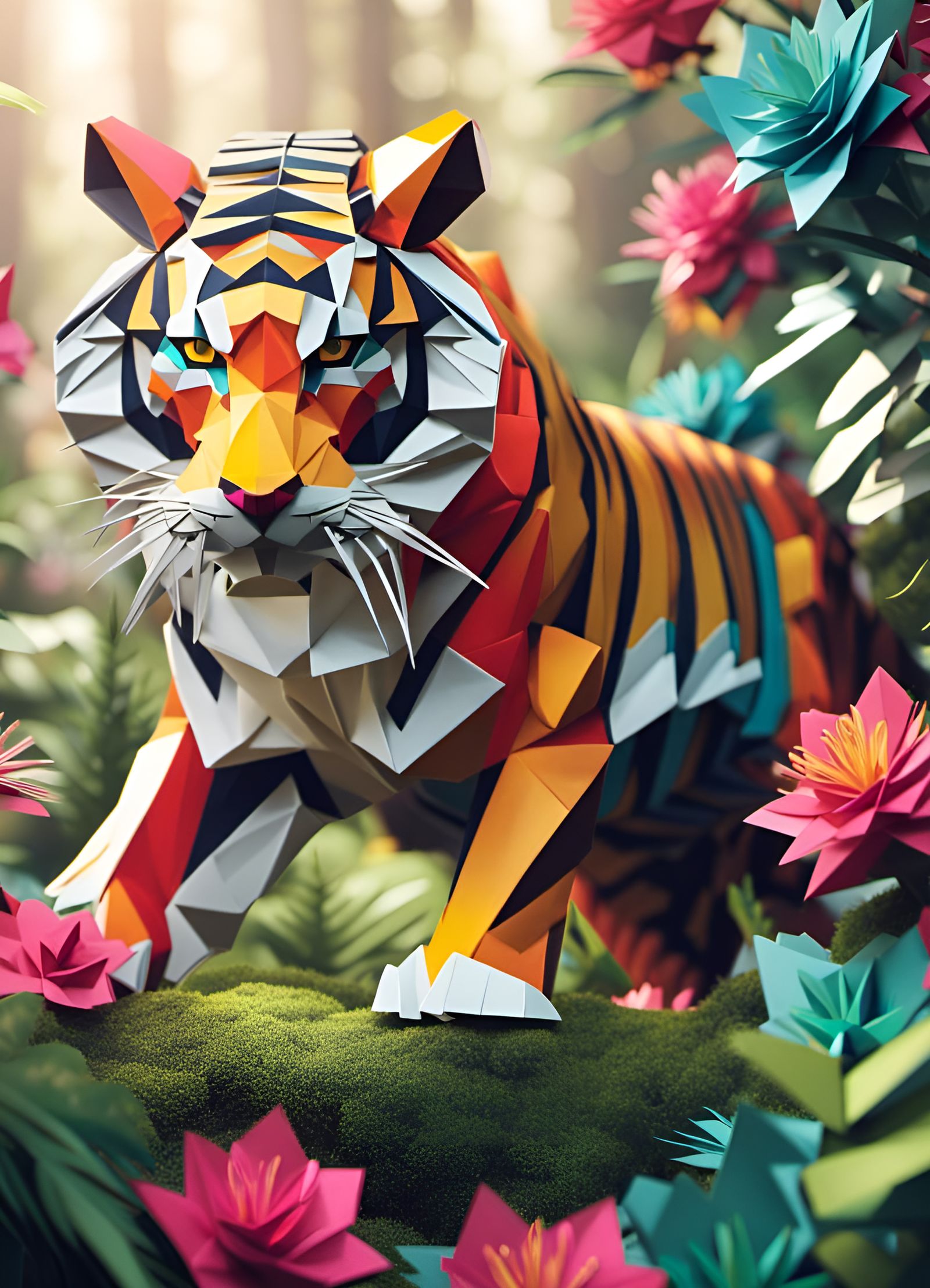Origami Tiger in Stationary Jungle: Papercraft Art