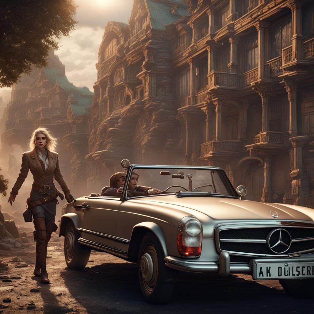 Blonde Woman and Gunslinger in Car, Detailed Matte Painting