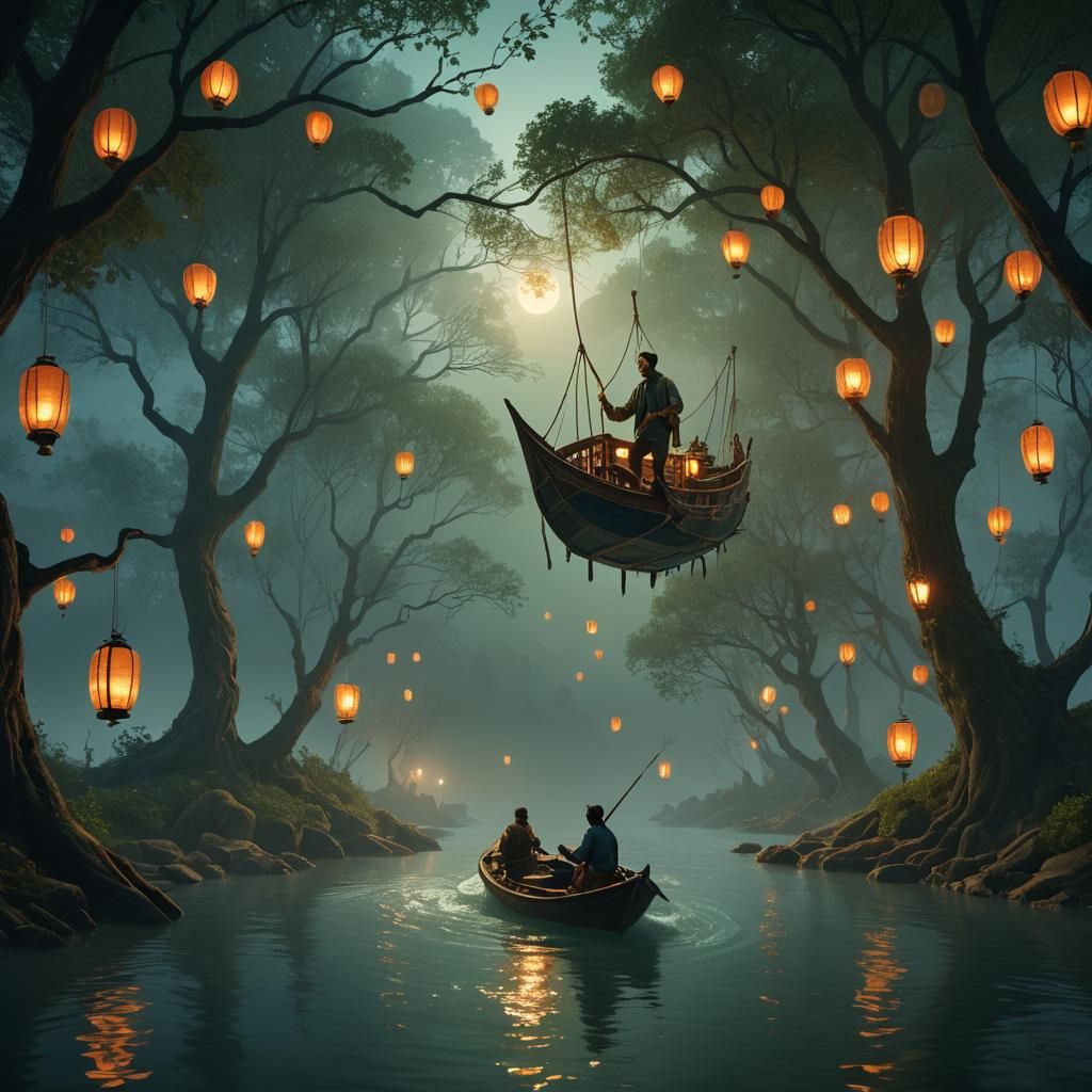 Lantern Lit River at Night: Fantasy Concept Art