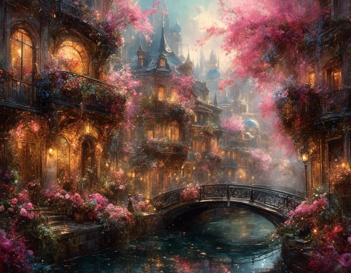 Watercolor Cityscape with Flowers in Impressionist Style