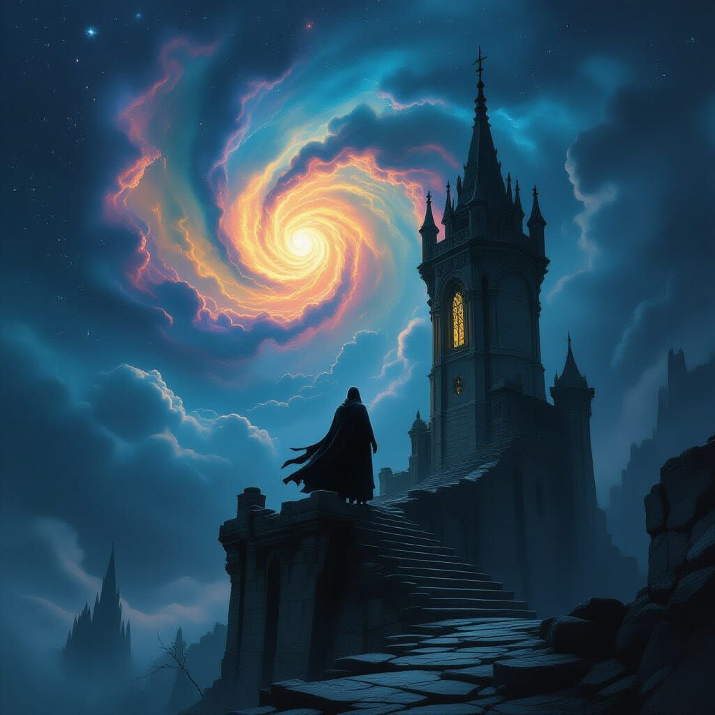 Sorcerer Gazes at Cosmic Nebula from Gothic Tower