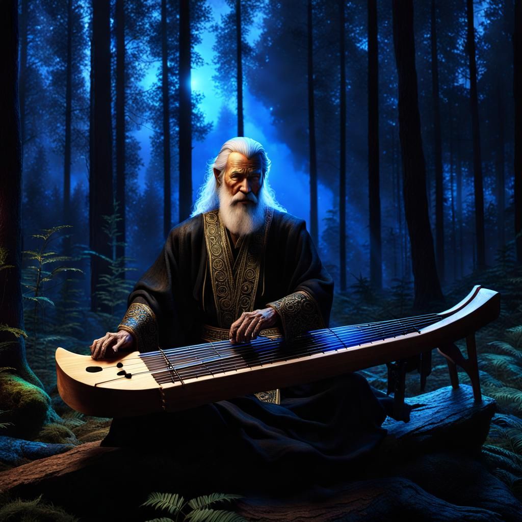 Väinämöinen Plays Kantele in Forest: Hyperrealistic Art