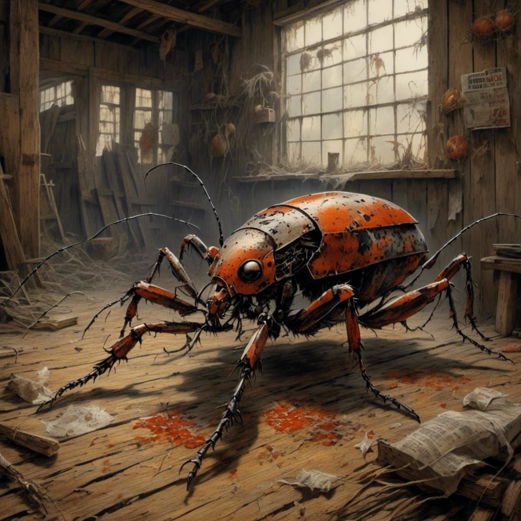 Cockroach Robots Cleaning Barn in Farm Horror Style