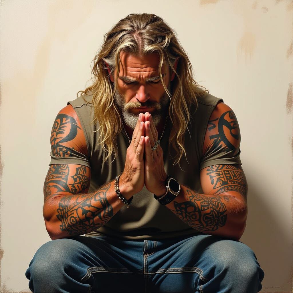 Man in Prayer, Dramatic Lighting, Expressive Textures