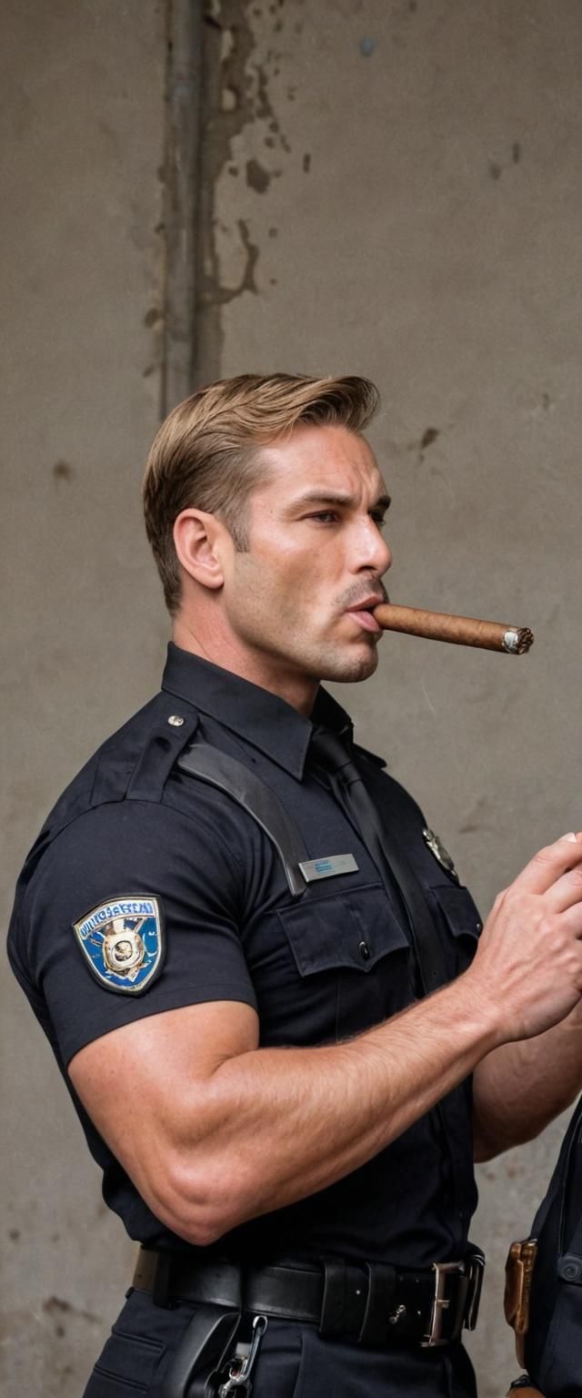 Muscular Cop Smoking Cigar in Black Uniform
