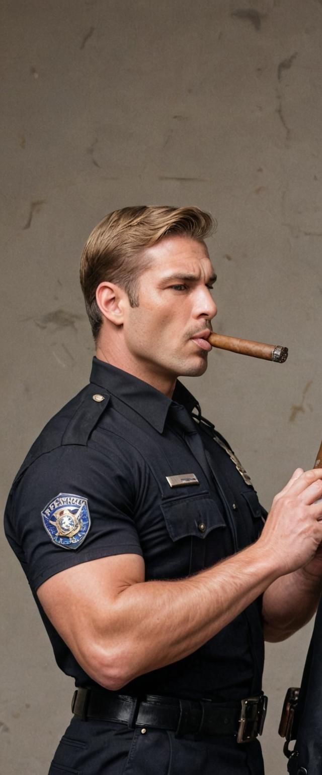Muscular Cop Smoking Cigar in Black Uniform