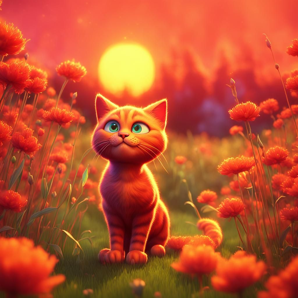 Fiery Cat in Field: 3D Digital Art