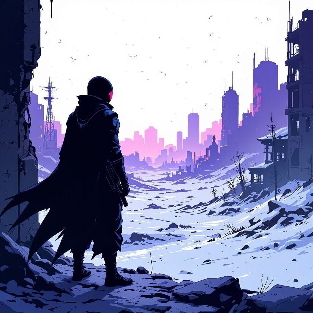 Futuristic Ninja Overlooks Post-Apocalyptic Anime Landscape