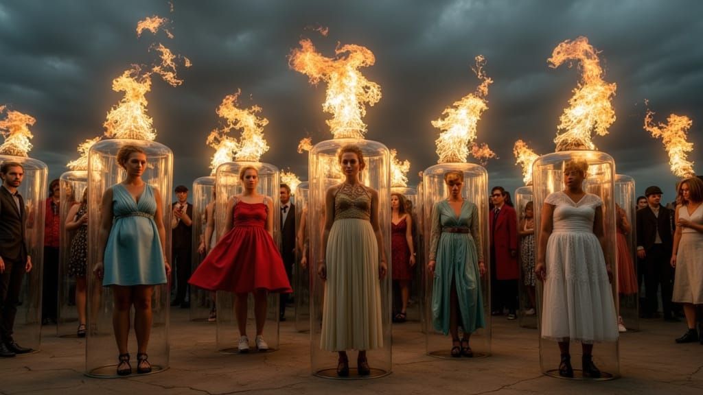 Surreal Burning Crowd in Transparent Capsules