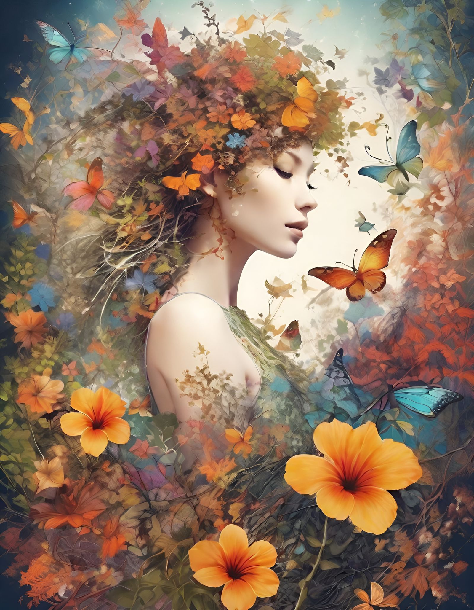 Nature Fairy Double Exposure in Detailed Anime Style