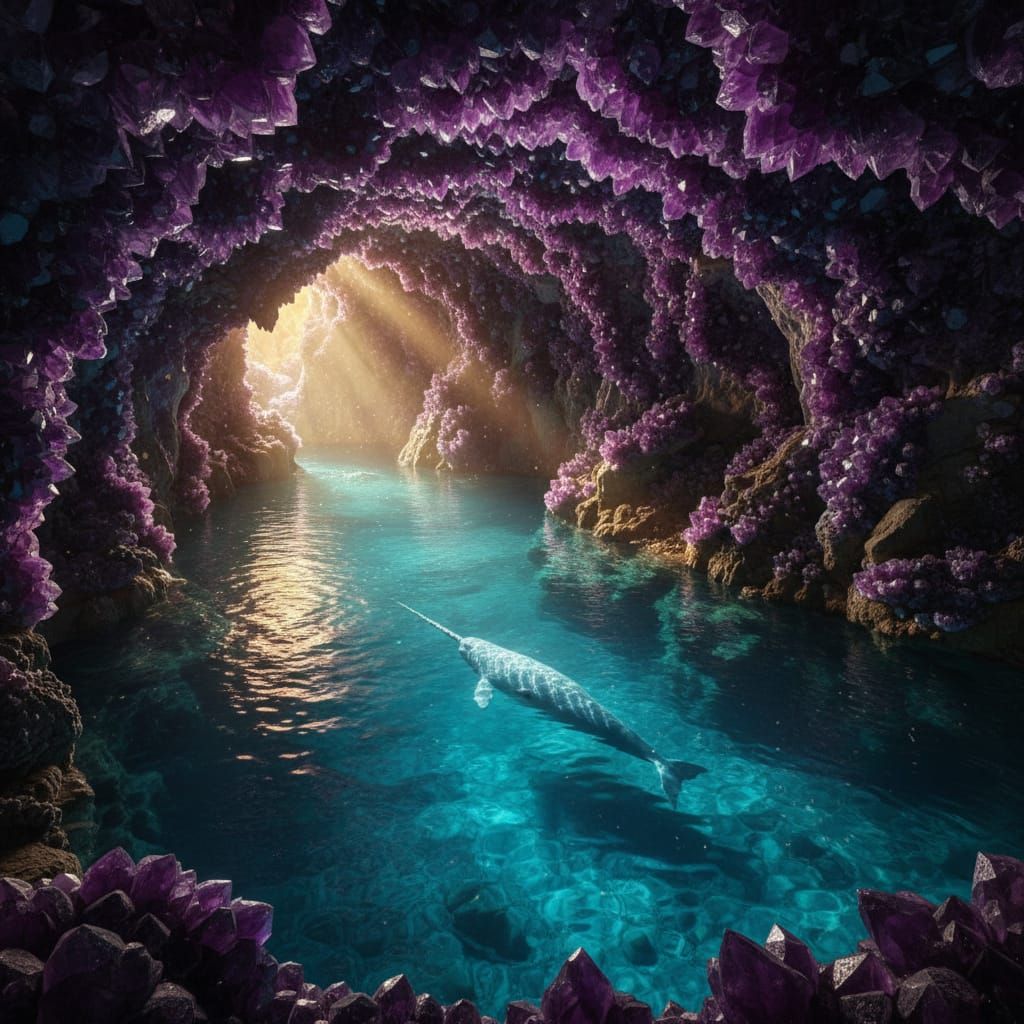 White Narwhal Swims in Giant Amethyst Cave