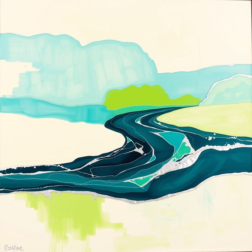 Turquoise, Cream, and Silver River Abstraction in Mondrian S...