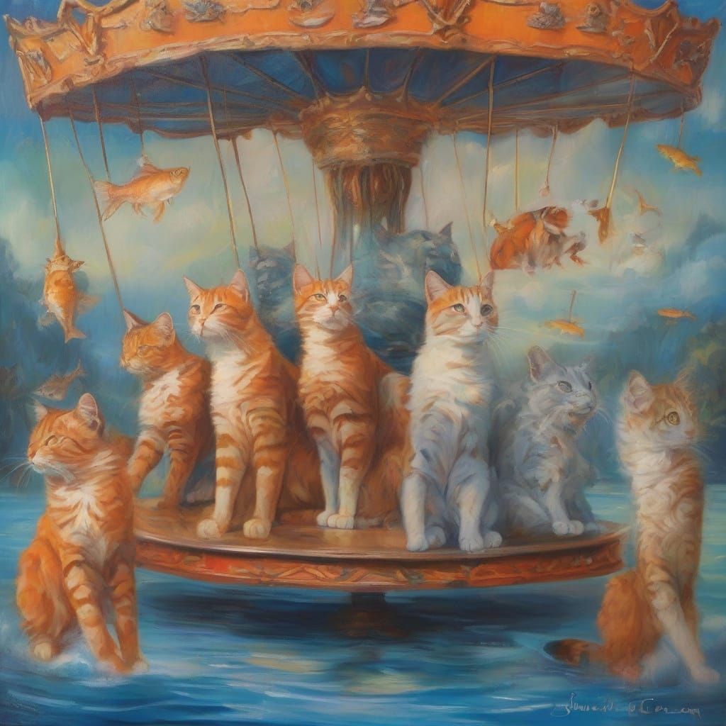Surreal Cats and Fish on a Dreamlike Carousel