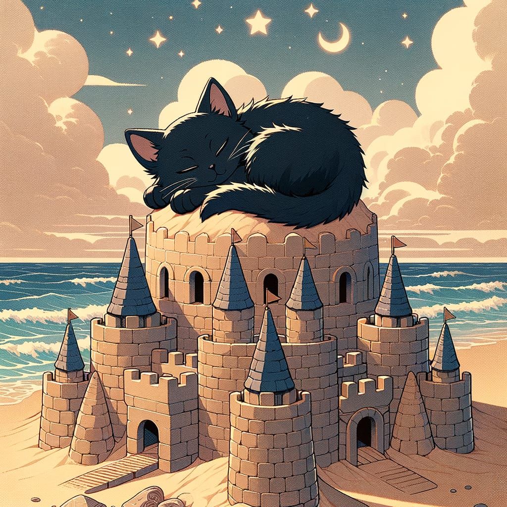 Cute Sleeping Kitten on Sandcastle Wallpaper
