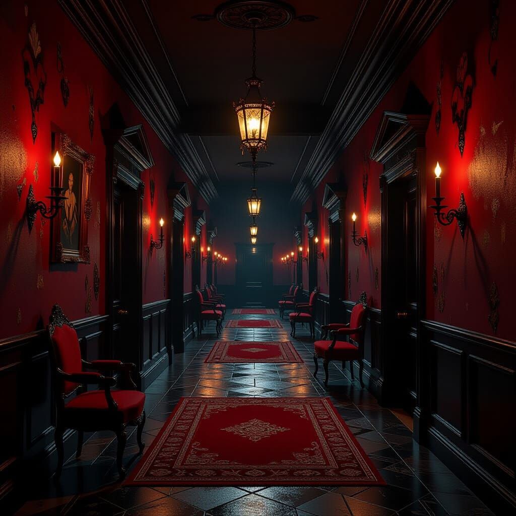 Baroque Horror Corridor With Flickering Torches