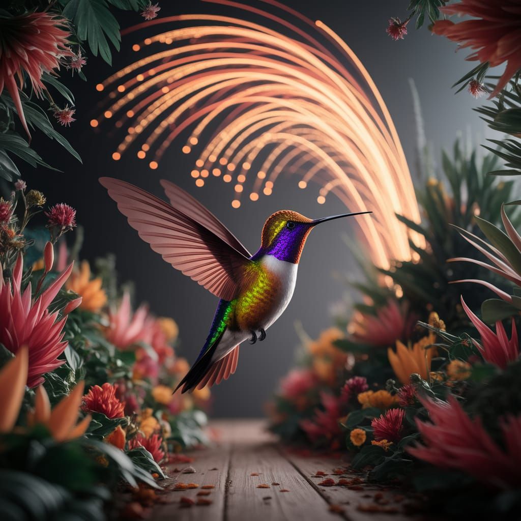 Hummingbird Amidst Fireworks in Tropical Garden