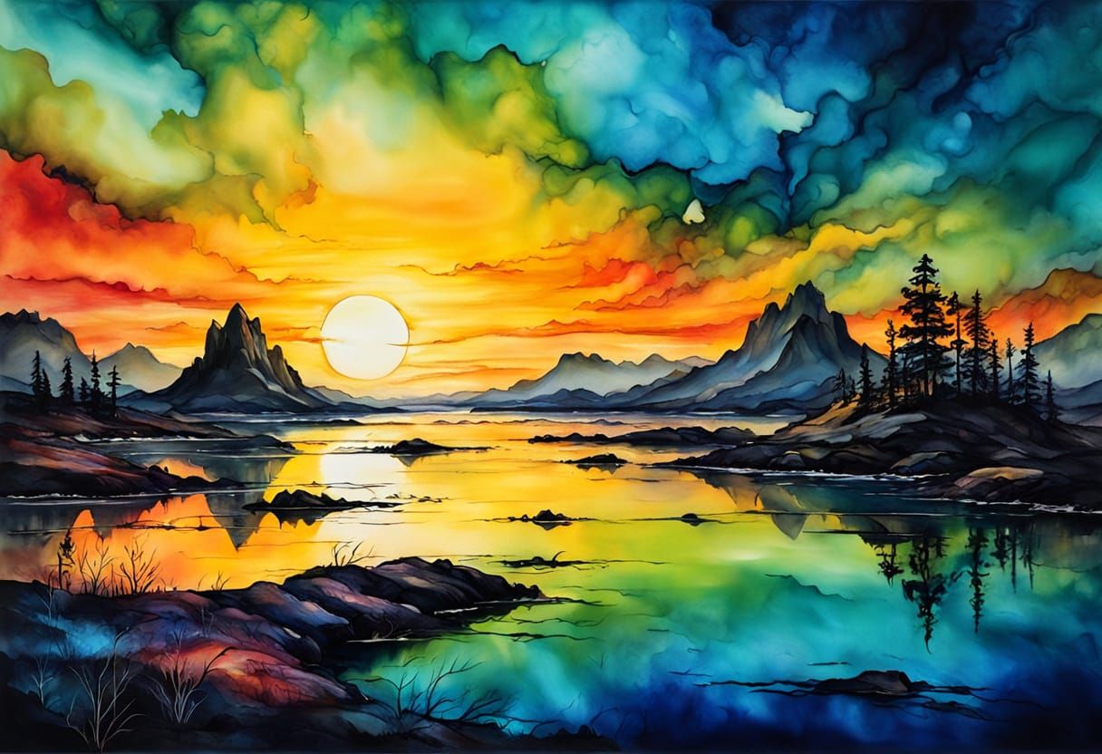 Beautiful Sunset in Alcohol Ink Painting