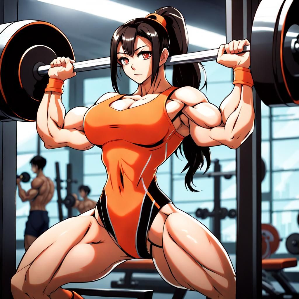 Muscular Asian Bodybuilder Lifting Weights, Anime Art