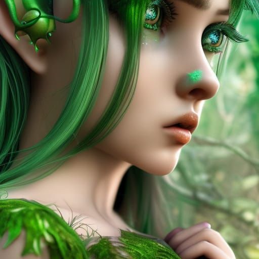 Hyperrealistic Green Nymph in Fairy World, 8K