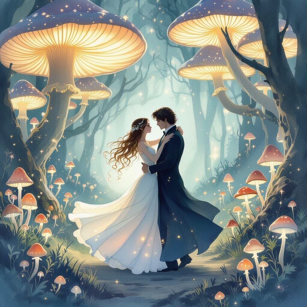 Ethereal Couple Dances in Bioluminescent Mushroom Forest